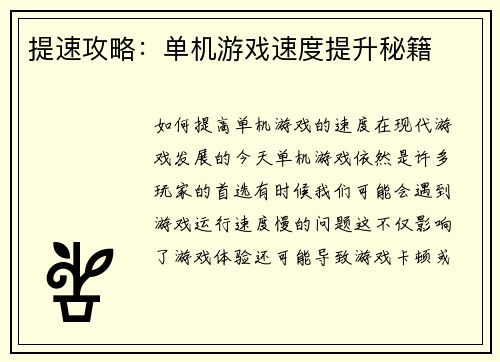 提速攻略：单机游戏速度提升秘籍